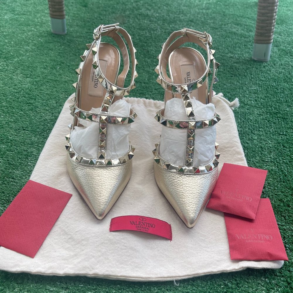 NEW! Shoes Valentino Garavani - ROCKSTUD METALLIC ANKLE STRAP PUMP 100MM SIZE 38